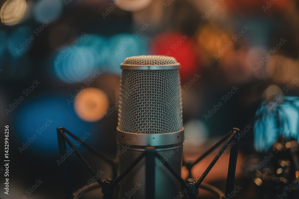 Aufkleber professional microphone ready for recording in soft focus with bokeh background