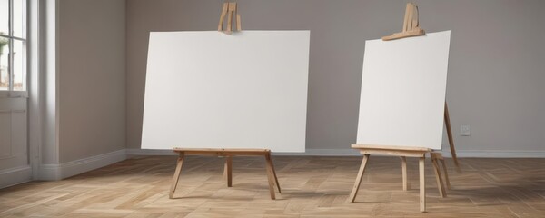 Sturdy easel's base and legs, holding a large empty canvas ,  background,  graphic