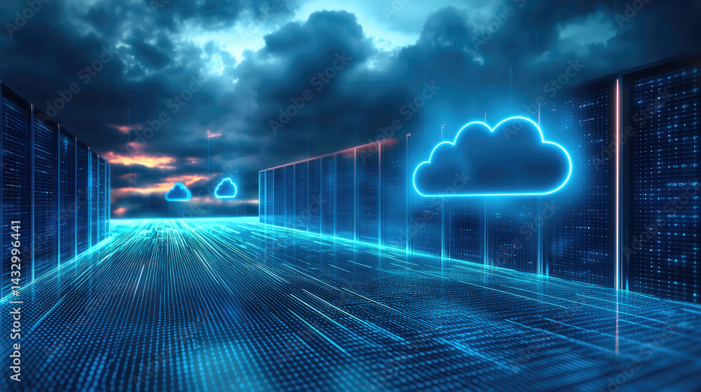Poster futuristic digital network landscape featuring glowing cloud icons and data servers under dramatic s