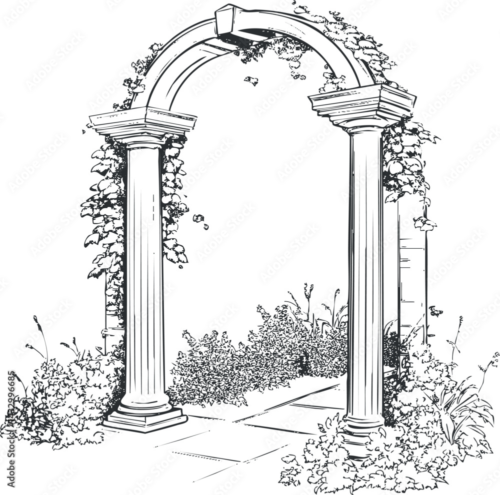 Poster black and white sketch of a classical archway with two columns covered in vines surrounded by garden
