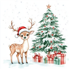 Fototapeta premium Cute Reindeer With Santa Hat And Festive Christmas Tree Scene