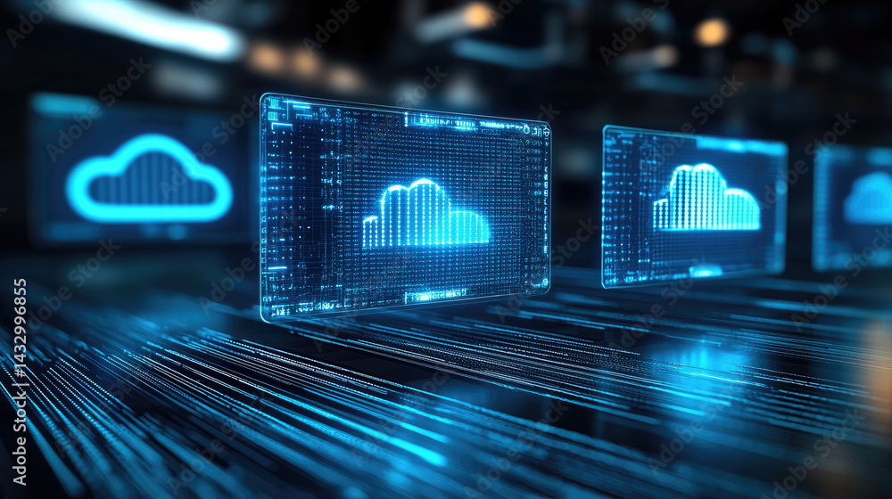 Poster Futuristic digital network with glowing cloud icons and data streams, representing technology and connectivity in modern environment. image evokes sense of innovation and advancement