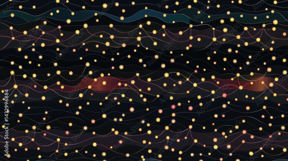 Poster a pattern of interconnected circles in various colors against a black background.