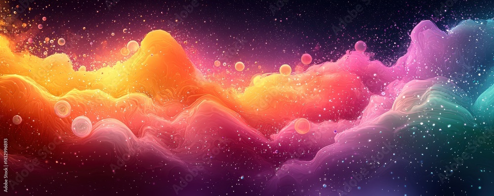 Poster colorful abstract gradient with bubble shapes and starry background