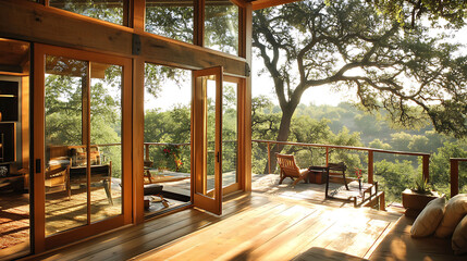 Fototapeta premium small elevated rural home with large glass doors, wood patio, and morning sunshine