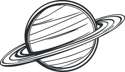 Black and white sketch illustration of a planet with rings resembling Saturn in space astronomy theme © vadymstock