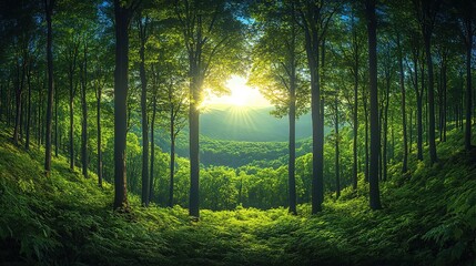 Obraz premium Sunlit Forest Clearing with Lush Ferns and Distant Hills