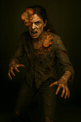 Woman infected by zombie fungus growing on her head, wearing old and torn clothes