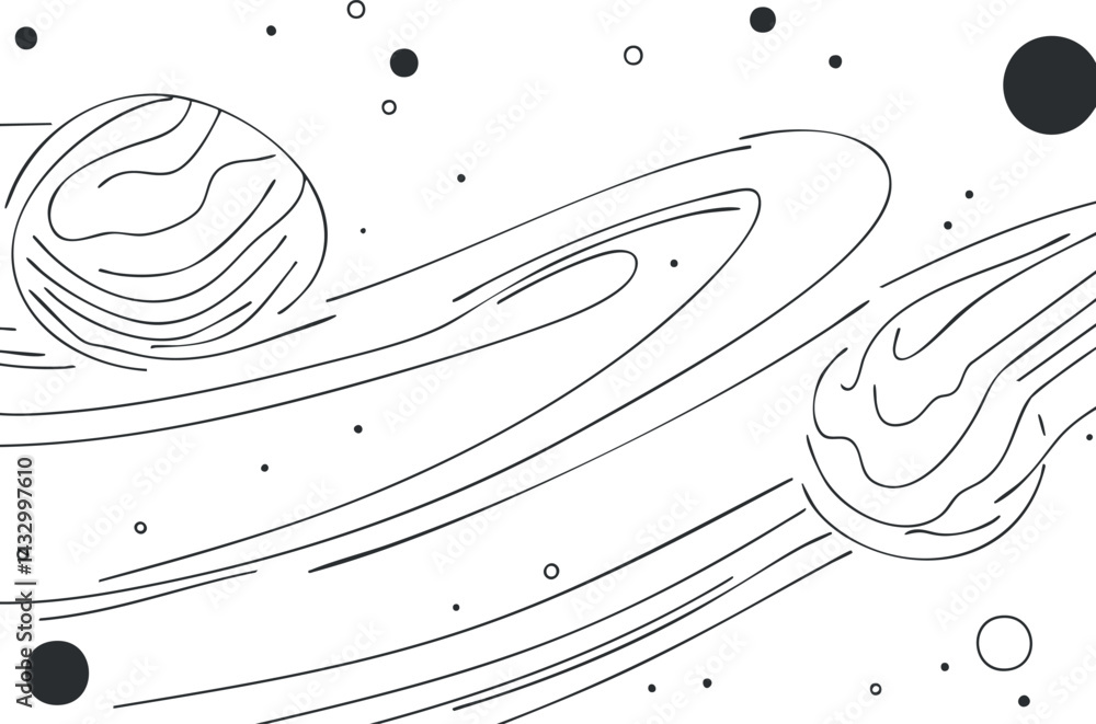 Poster abstract black and white line drawing of planets with rings and orbits in outer space