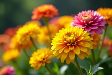Vibrant yellow, red, and pink mum flowers in full bloom on a sunny day , flowers, floral, colorful