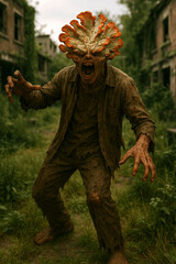 Zombie fungus-infected creature with fungus growing on its head, screaming, wearing old and torn clothes, destroyed city and overgrown vegetation, post-apocalyptic setting