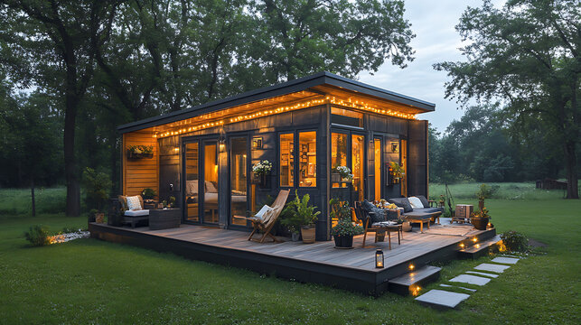 bright compact home in countryside with wooden outdoor seating and warm tones