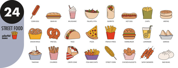 Street food - thin line icons set with colorful fill. Pizza, hamburger, hot dog, corn dog, bao buns, arepas, churros, french fries, lemonade, pretzel, chicken nuggets, chips, fish, vector illustration