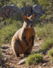 Rock wallaby grazing amongst sparse vegetation, nature, habitat