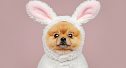 Adorable Pomeranian Dog in White Bunny Costume