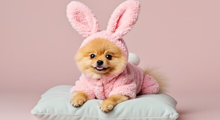 Adorable Pomeranian Puppy in Pink Bunny Costume