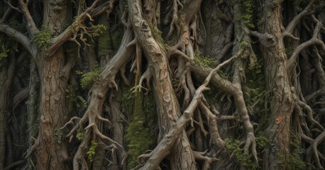 Fototapeta premium Rough bark texture, intricate root system Deep browns, grays, mossy greens , decay, environment