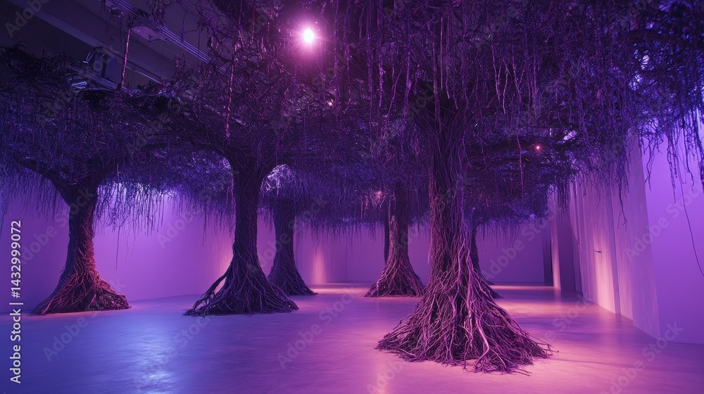 Poster indoor space with tree-like structures and hanging elements illuminated in purple light.