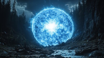 Radiant, celestial orb positioned amidst a nocturnal landscape.