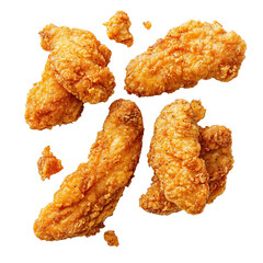Crispy golden fried chicken floating in air, isolated on white background.