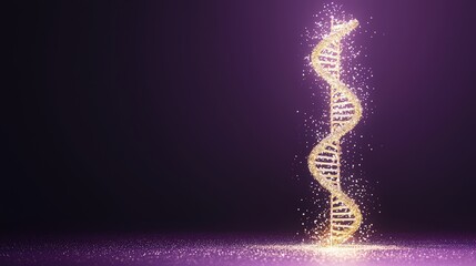 Obraz premium DNA helix strands, forming a luminous double helix made of fine shimmering gold particle dust. The scene is set against a deep, glowing dark violet and black backdrop. A vertical helix structure