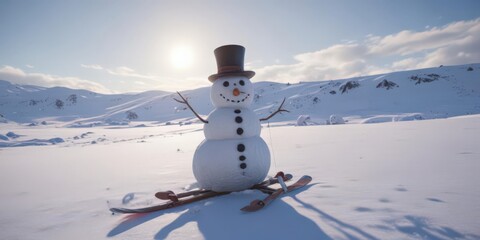 Lonely snowman in snowy field, skis & sled nearby, icy, ski