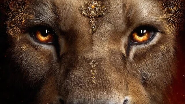 Witness the powerful essence of a lion representing Leo, the zodiac's fifth sign, as its striking eyes capture attention with a mesmerizing gaze and intricate patterns surrounding its noble visage