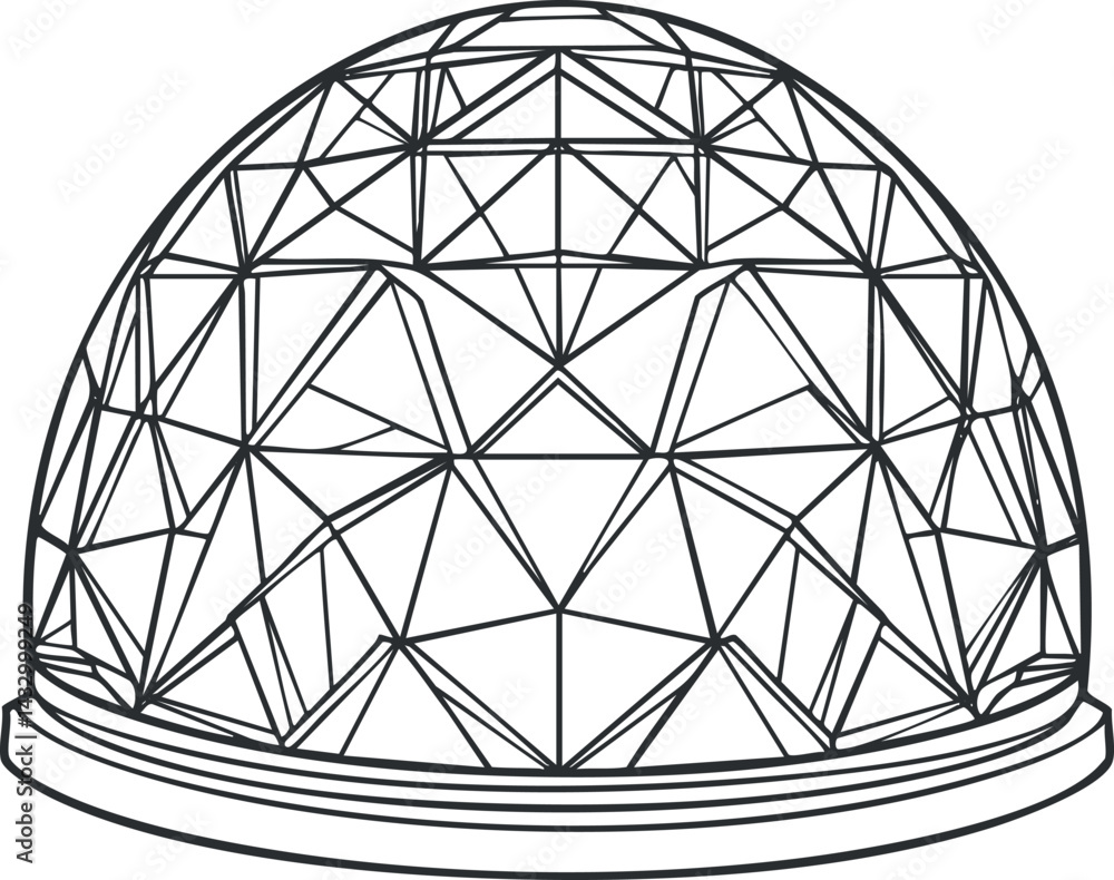 Poster black and white line illustration of a geodesic dome structure with triangular wireframe design