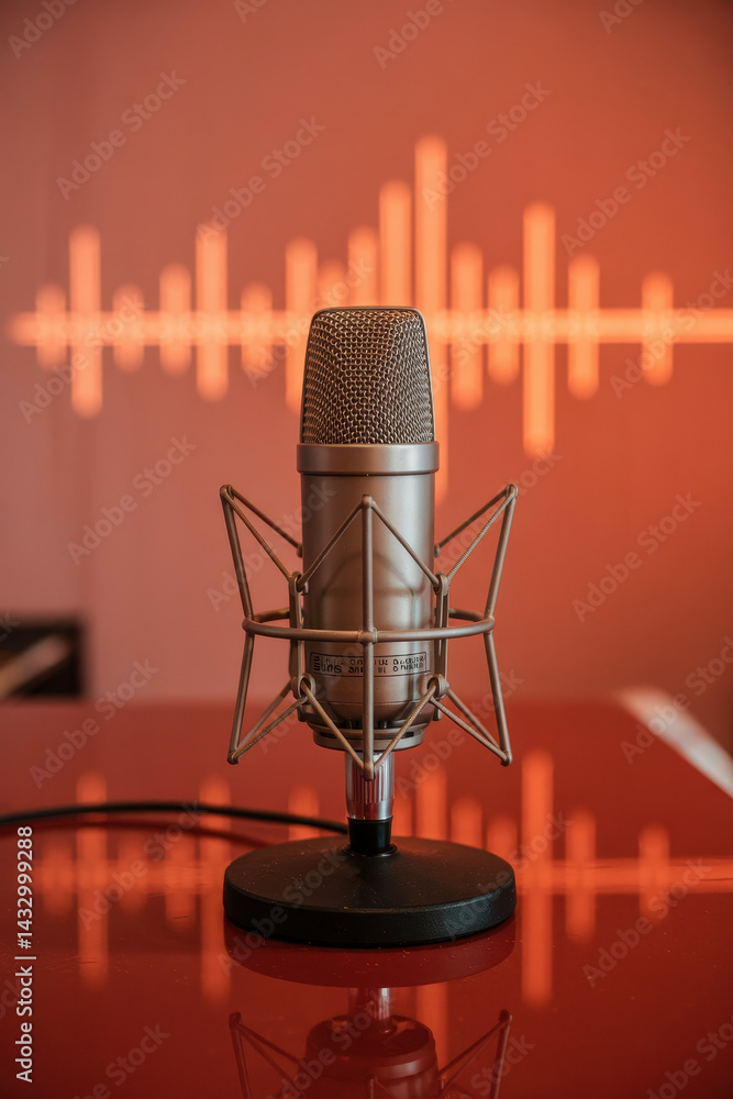 Aufkleber stylish studio microphone with reflected waveform design in soft coral background