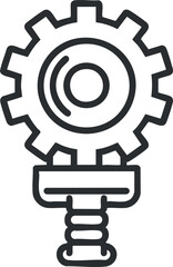 Black and white line icon of a mechanical gear with a shaft representing machinery and engineering concepts