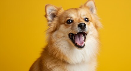 Playful Fluffy Dog Portrait Against Yellow Background