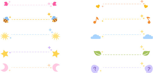 Set of 10 pastel-themed highlight dividers for social media, designed in a cute and minimalistic cartoon style. Each divider features dashed lines with small decorative icons at both ends, including