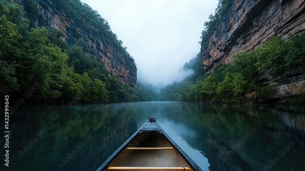 Poster serene view from bow of canoe, surrounded by towering cliffs and lush greenery, reflects calm waters