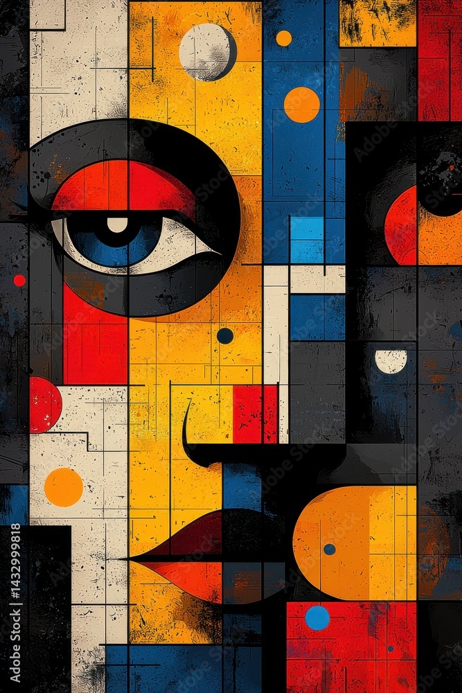 Poster abstract geometric composition with a vibrant array of colorful shapes and forms