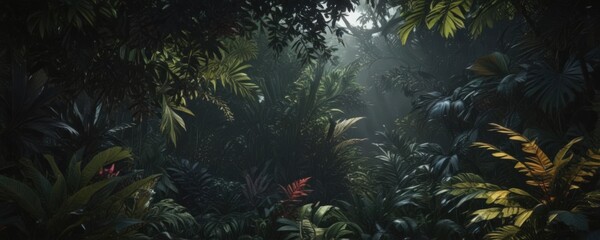 Intricate dark foliage, vibrant jungle leaves, shadows , exotic, monstera, lush