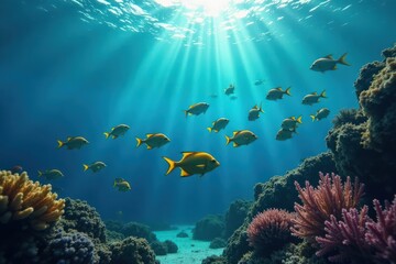 Naklejka premium School of fish swimming in the ocean waves, underwater scene, marine animals, sea creatures