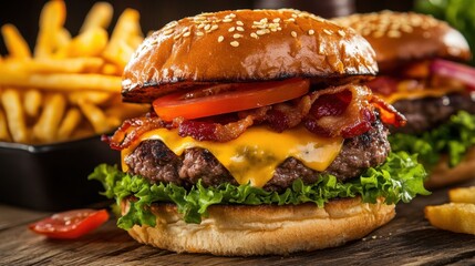  A double cheeseburger with bacon, tomato, lettuce, and sauce, accompanied by french fries.