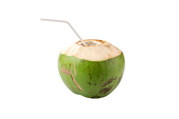 Green coconut shows rustic patches and a white straw inserted, brimming with cool, thirst-quenching coconut water, isolated on a transparent background