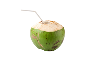 Green coconut shows rustic patches and a white straw inserted, brimming with cool, thirst-quenching coconut water, isolated on a transparent background