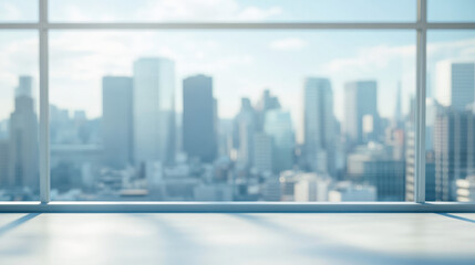 Blurred high-rise corporate office with panoramic windows showcasing a vibrant skyline view