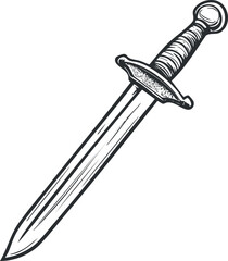 Detailed black and white illustration of a medieval sword with a sharp blade and ornate hilt.