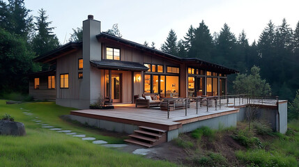 Obraz premium warm countryside house design with wood and concrete mix on raised platform