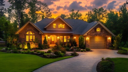 sunrise-lit home exterior with modern country feel and tranquil garden