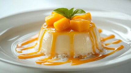 Elegant mango panna cotta dessert garnished with basil, a sweet culinary delight