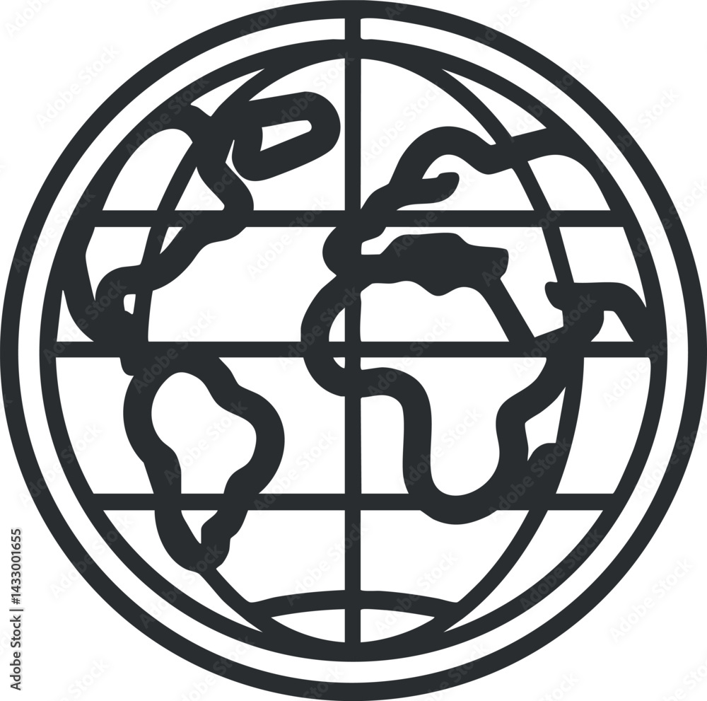 Poster black and white globe icon showing continents and grid lines representing the earth and geography.