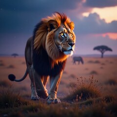 Obraz premium Majestic lion with iridescent mane and glowing eyes amidst misty savannah, landscape, mystical, magic