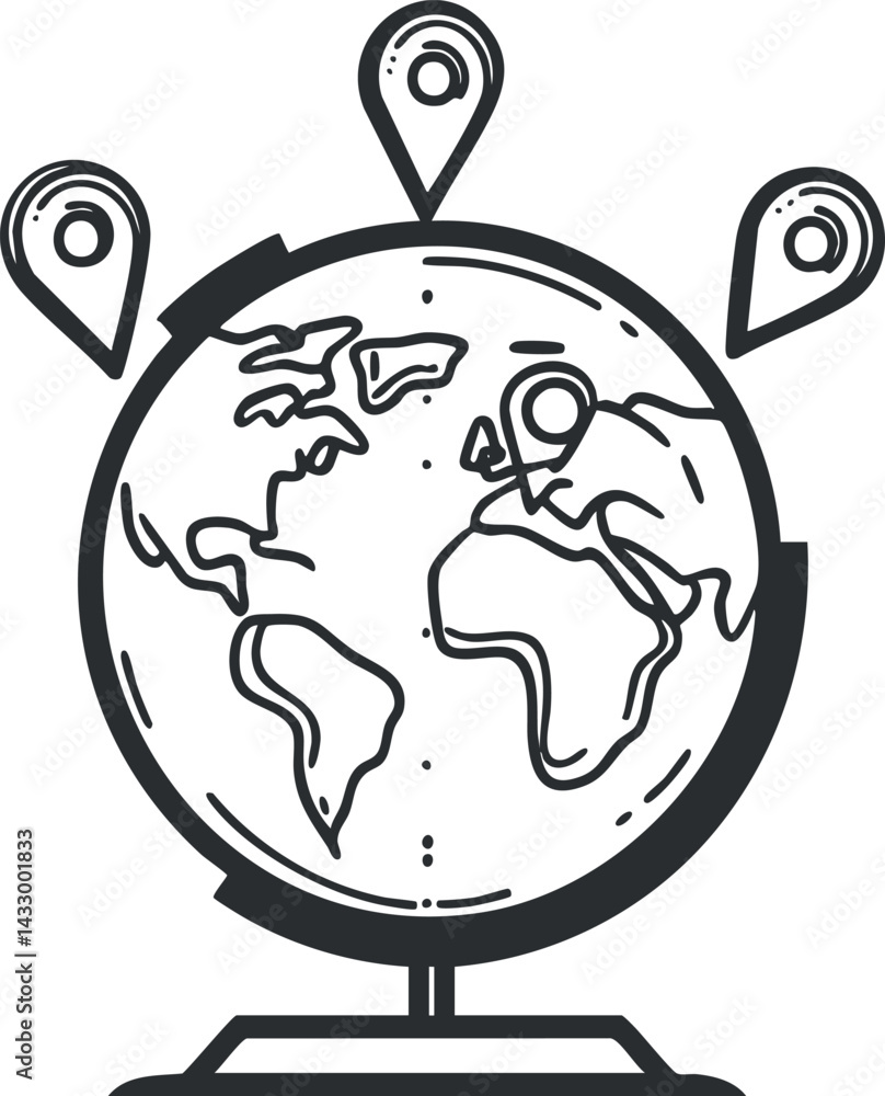Poster black and white line drawing of a globe with location pins highlighting different areas on the map.