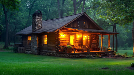 Fototapeta premium quiet rural retreat at dusk with glowing wood textures and calm warm light