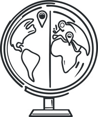 Black and white line drawing of a globe showing continents with location pins on Europe and North America