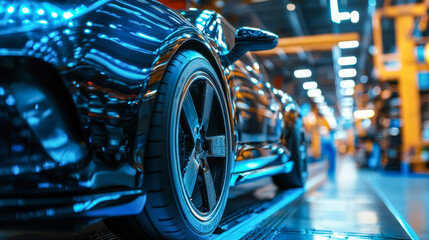 Fototapeta premium Detail view of a futuristic electric vehicle's front tire and polished bodywork in a busy factory